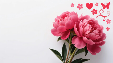 Fototapeta premium Two pink peonies, paired with red patterns, represent purity, beauty, and tenderness, conveying the yearning for a peaceful and elegant life and warm emotions.