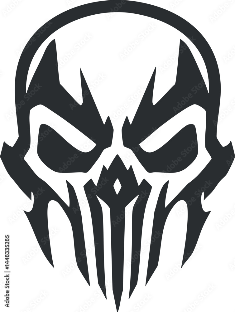 Poster black and white abstract skull design with a menacing mask and sharp features symbolizing horror and