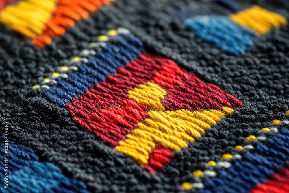 Poster close-up shot of a colorful knitted textile with geometric patterns, featuring vibrant hues and intr