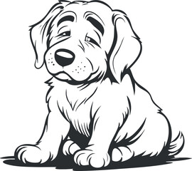 Black and white cartoon illustration of a cute puppy sitting with a friendly expression.