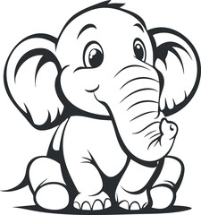 Cute cartoon baby elephant sitting with big ears and a playful smile in black and white illustration.