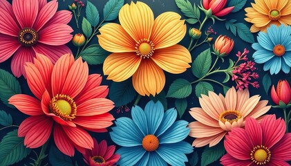 Bold floral design, vibrant colors, high resolution, flowers, texture, pretty