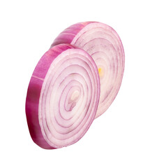 Two Spanish onion or red onion slices in stack isolated on white background with clipping path
