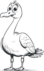 Black and white cartoon illustration of a cute duck standing with exaggerated eyes and detailed feathers