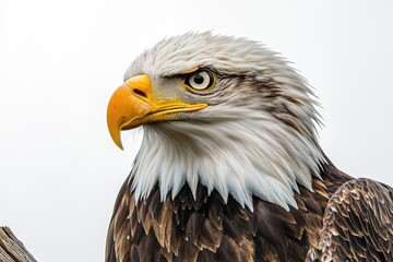 Obraz premium Striking portrait of a majestic bald eagle showcasing its sharp features and intense gaze against a neutral backdrop.