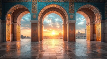 Fototapeta premium Sunrise through ornate arches, a sacred place