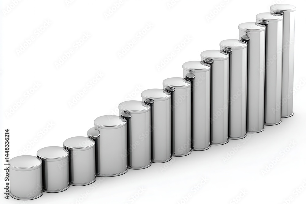 Poster sequential arrangement of metallic barrels illustrating a rising trend in data visualization