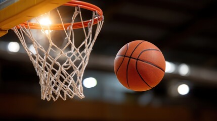 Basketball Soaring Towards Hoop During Game in Indoor Sports Arena with Dramatic Lighting and Dynamic Action
