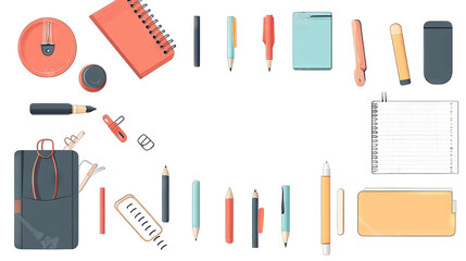A vibrant flat lay of various stationery items including notebooks. pens. and a calculator. arranged artistically on a white background. ideal for educational or office-themed projects