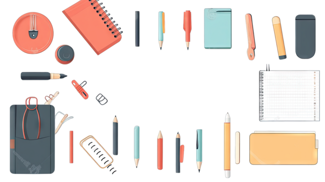 A vibrant flat lay of various stationery items including notebooks. pens. and a calculator. arranged artistically on a white background. ideal for educational or office-themed projects - Powered by Adobe