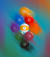 The billiard balls are racked for a game of nine ball in this motion blurred  3-d illustration.