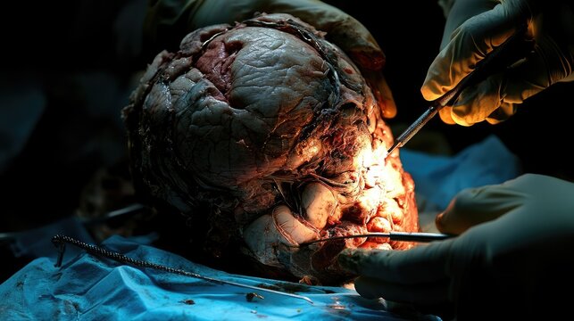 Surgical Procedure on a Human Skull.  Detailed view of a craniotomy