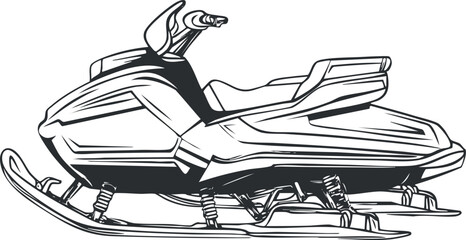 Black and white line drawing of a modern snowmobile for winter transportation and recreation
