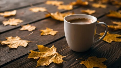 Warm Autumn Coffee with Dried Leaves on Rustic Wood