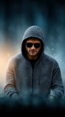 Young man in hoodie plays music outdoors during twilight with a mysterious atmosphere