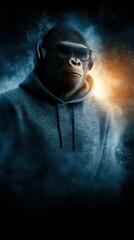Cool gorilla wearing headphones and sunglasses in a stylish hoodie stands confidently amidst a vibrant background