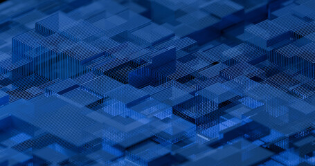 Abstract geometric pattern of blue cubes creates a futuristic tech design, suggesting data structures and a digital matrix with depth and complexity. 3D render.