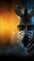 Zebra wearing sunglasses stands confidently against a vibrant background with glowing colors