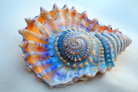 Close-up of a beautiful, spiraled seashell with a vibrant mix of blue, orange, and white colors against a sandy backdrop.