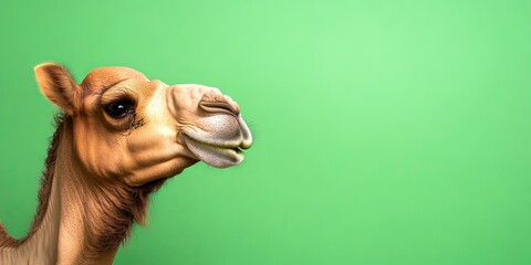 Obraz premium A camel is taking selfie, smiling, isolated on a plain green background