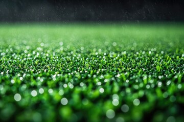 Naklejka premium Artificial green grass glistens under soft rain at night, creating a textured and mesmerizing visual landscape.