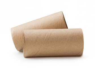 Side view of two tissue paper cores or toilet paper tubes in stack isolated on white background with clipping path