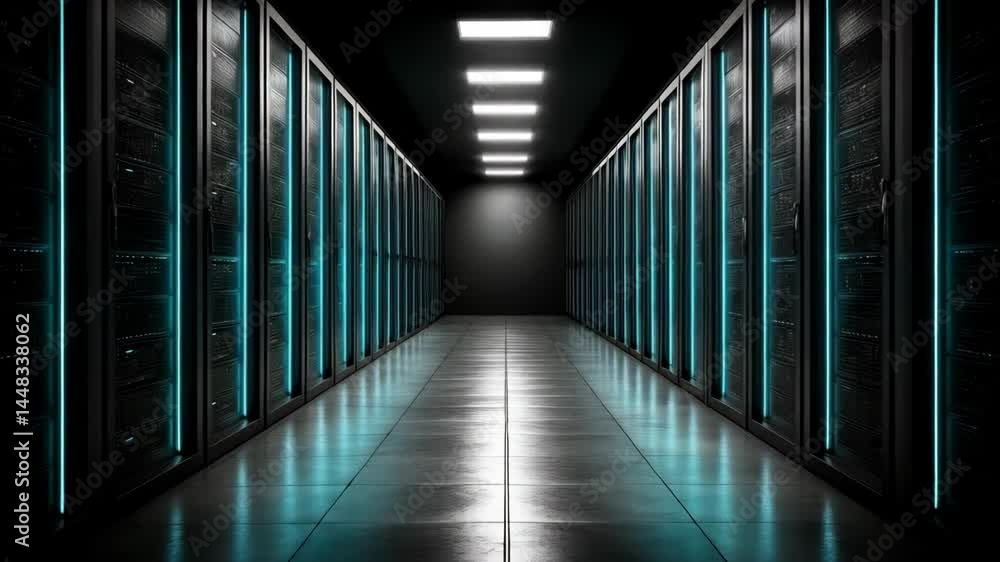 Poster illuminated server room showcasing rows of computer server cabinets with vibrant cyan lights along a
