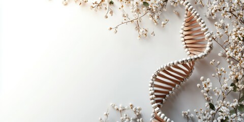 Decorative DNA double helix surrounded by delicate flowers on a light background