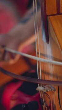 Folk music band participant plays igil during tribal concerts on stage closeup. Ancient musical instrument in modern life. Meditative sound