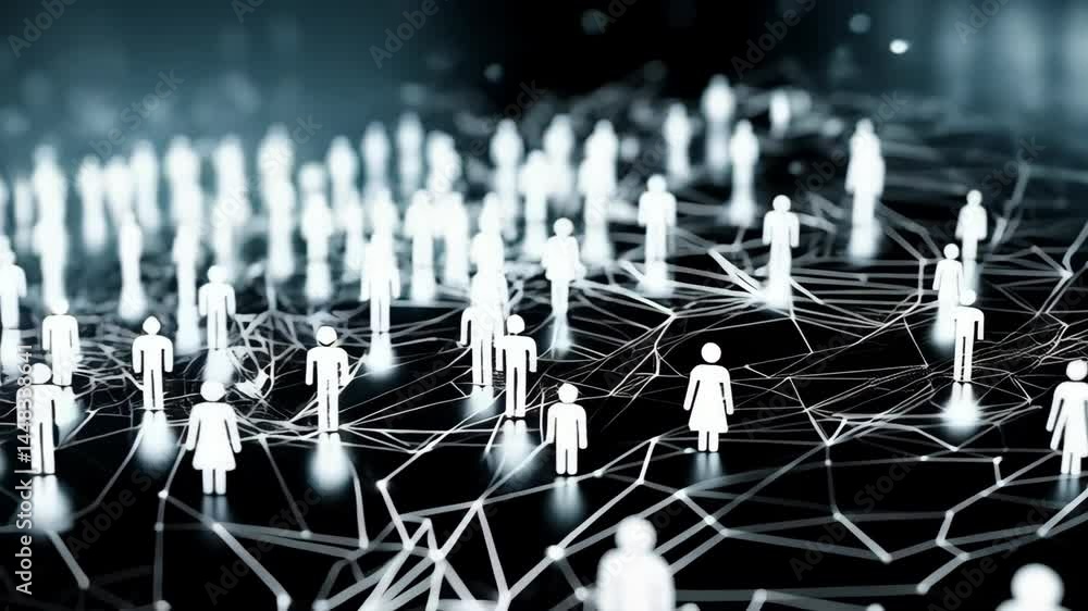Poster network of abstract people icons connected by luminous lines on a dark backdrop, representing connec
