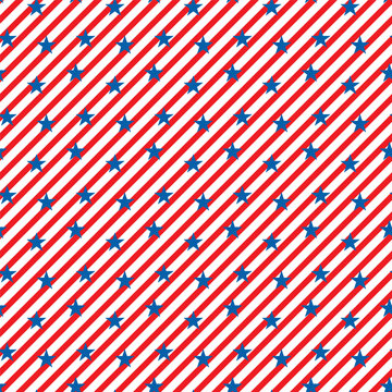 Seamless pattern with stripes and stars.Patriotic seamless pattern with red and white diagonal lines and blue stars.Colorful repeat pattern for independent day, America, USA, Memorial Day concept.