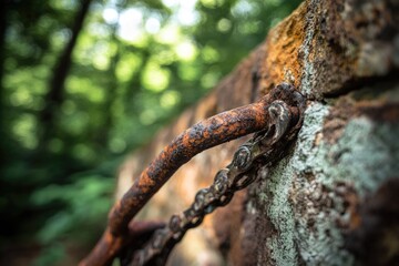 A rusty metal chain attached to a weathered stone wall in a blurry green forest backdrop.