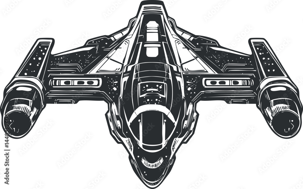 Poster black and white vector illustration of a futuristic sci-fi spaceship fighter from front view