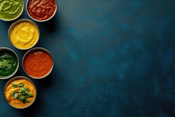 Vibrant array of colorful sauces in small bowls on a dark blue background, leaving ample copy space
