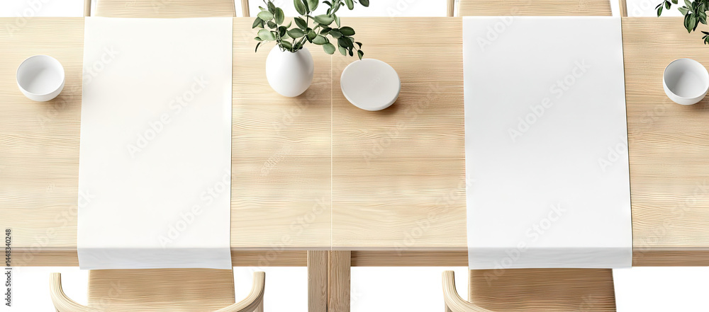 Poster a minimalist dining table set with white table runners. featuring two empty bowls and a small vase w