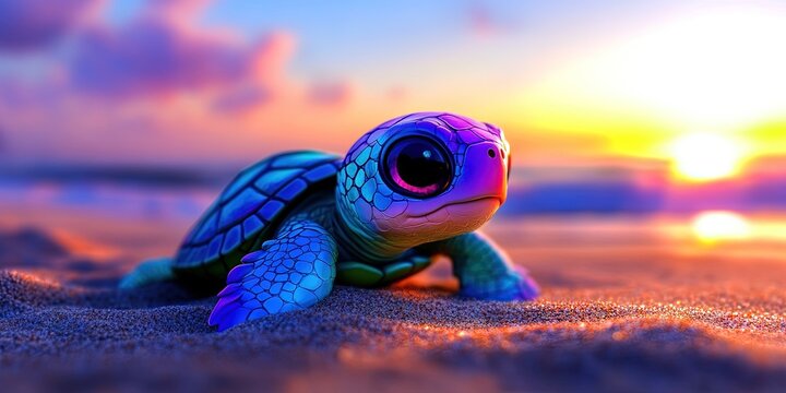 cute baby turtle on a colorful beach with sandy ocean shore