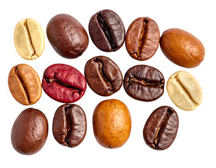 Fototapeta premium colorful roasted and raw coffee beans in various shades on isolated background for coffee concept and design 