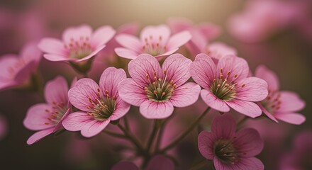 Fototapeta premium Blooming Pink Saxifrage Flowers in Close Up Springtime Display
