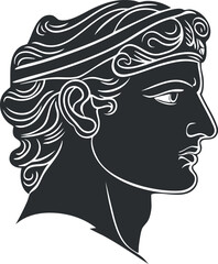Black and white vector illustration of a classical Greek style male profile statue head with detailed hair and facial features.