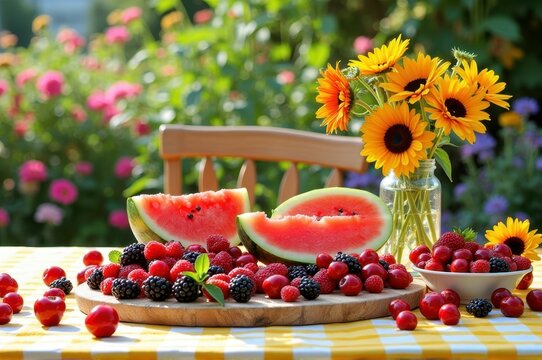 Summer picnic with watermelon, berries, and sunflowers on checkered table