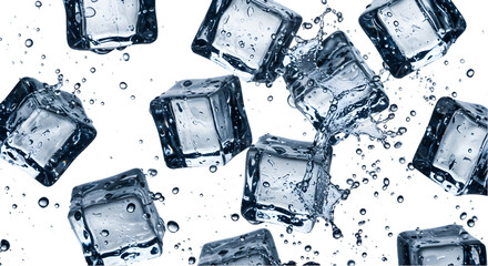 Photorealistic Image of Falling Ice Cubes with Water Splashes on White Background Perfect for Cool Drink or Winter Theme Designs