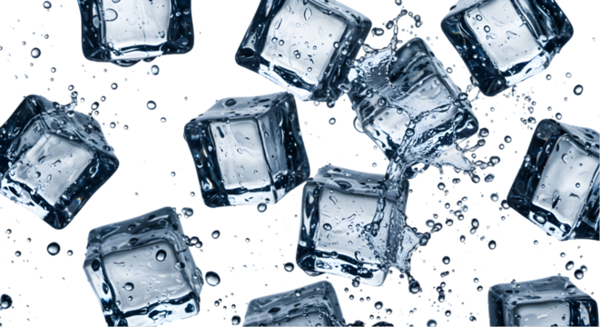 Photorealistic Image of Falling Ice Cubes with Water Splashes on White Background Perfect for Cool Drink or Winter Theme Designs