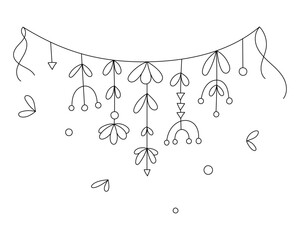 Linear garland of flowers, leaves, abstract geometric figures on a thread. For postcards, coloring books
