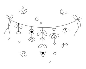 Linear garland of flowers, leaves, abstract geometric figures on a thread. For postcards, coloring books