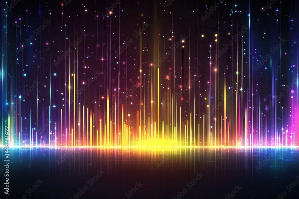 Poster vibrant abstract sound wave visualization with colorful light streaks on a dark background