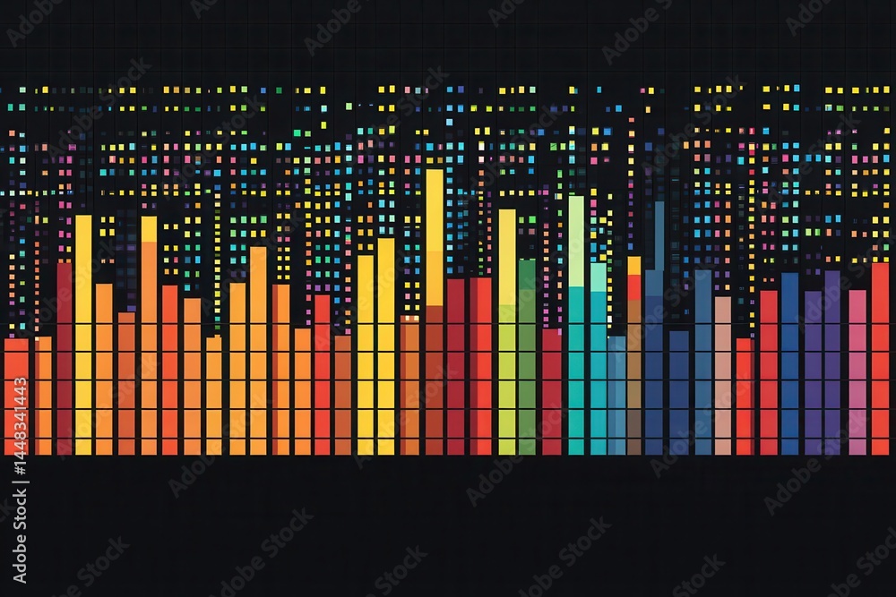 Poster vibrant abstract soundwave visualization with colorful bars representing audio frequencies