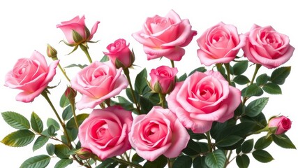 A delightful bouquet of pink roses with buds and green leaves is elegantly arranged against a pure white background.