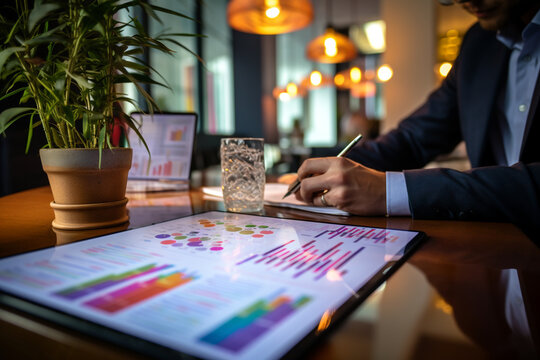 Using digital augmented reality graphics, a businesswoman analyzes her companys financial balance sheet and calculates financial data for long term investment  