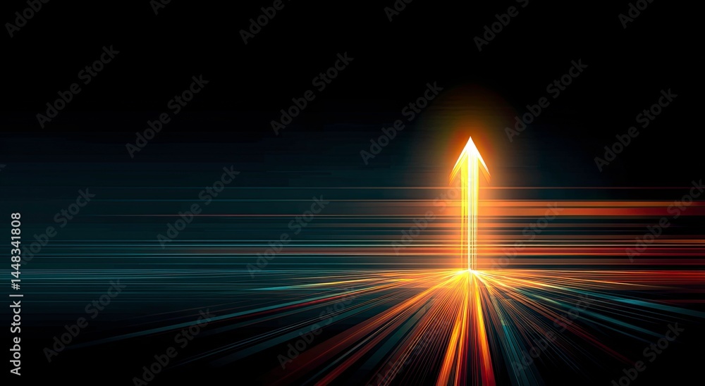 Poster abstract glowing arrow ascending on dark background with dynamic light streaks