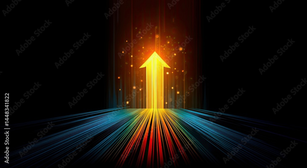 Poster abstract glowing arrow rising on colorful lines background representing growth success and progress